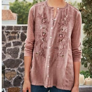 SOFT SURROUNDINGS L’Enchante FLORAL EMBROIDERY Button-Up BLOUSE/TUNIC TOP PL
